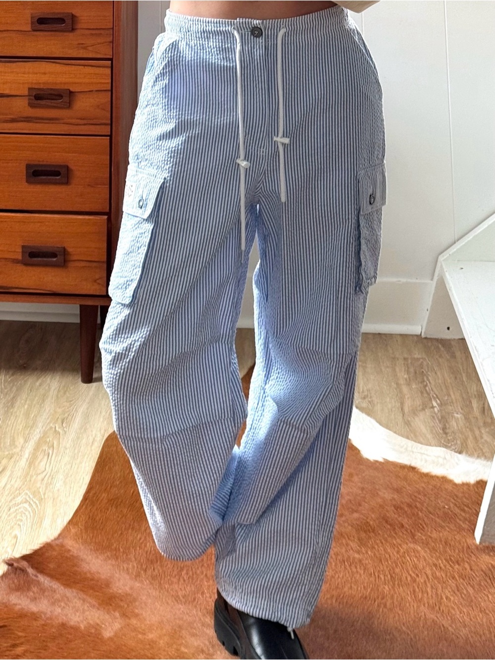 OBEY Seersucker Pinstripe Cargo Pants Blue & White Relaxed Fit